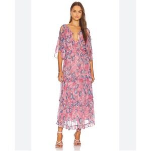 H9 Cleobella Elena Lotus Pink Floral Tiered Midi Dres Split Sleeve Boho V Neck M